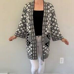 Forever 21 Geo-Diamond Cardigan – Black & White, Boho 3/4 Sleeve, Size L
